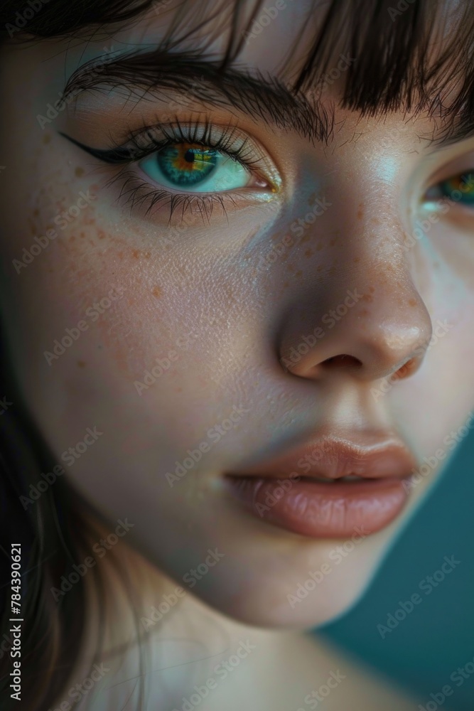 Fototapeta premium Close up of a woman with freckles, suitable for skincare products promotion