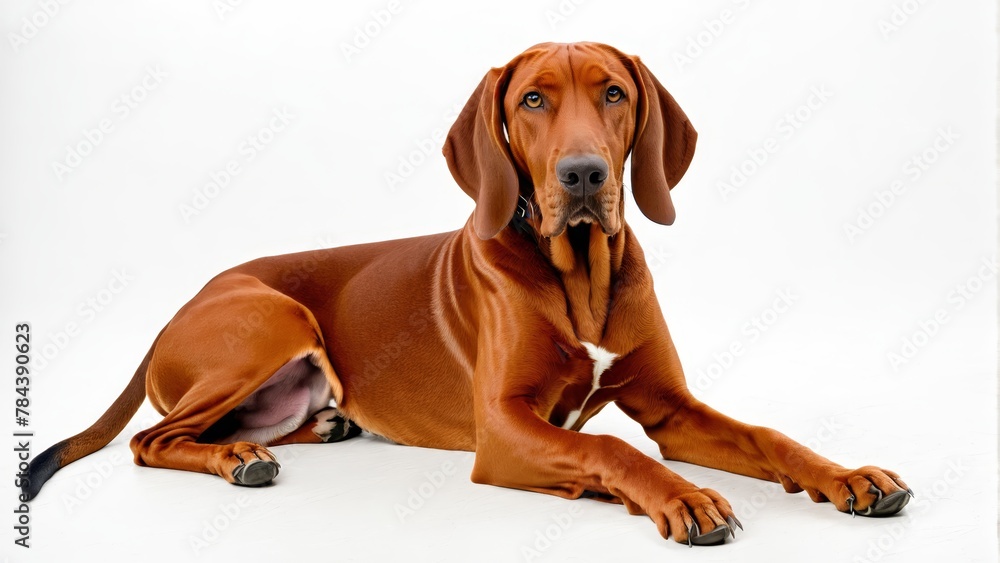   A large brown dog lies on a white floor next to a computer mouse turned on its side