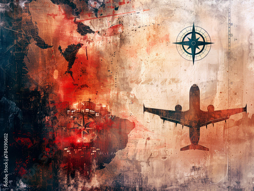 Artistic representation of a world map with a compass and airplane overlay on a red grunge backdrop photo