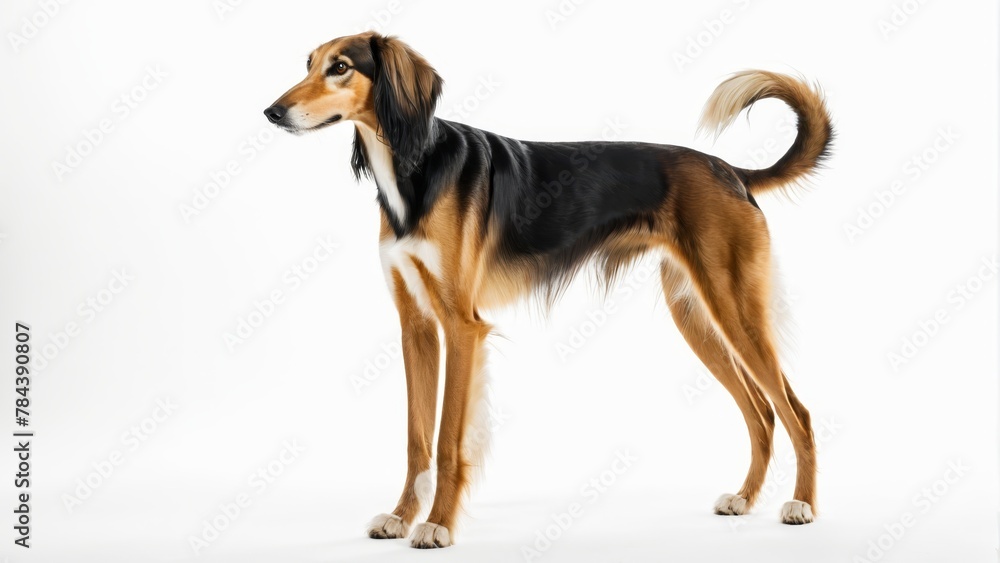   A tight shot of a dog against a pure white backdrop A black and brown dog poses in front