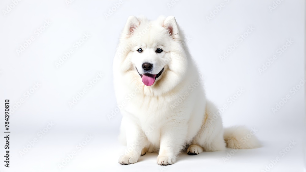   A tight shot of a dog against a white backdrop, tongue extended beyond its mouth