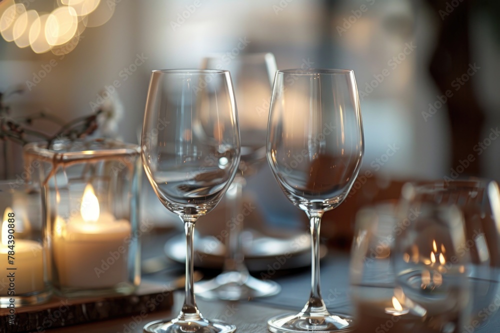 Two empty wine glasses on a table, suitable for restaurant or celebration concepts Two empty wine glasses on a table, suitable for restaurant or celebration concepts