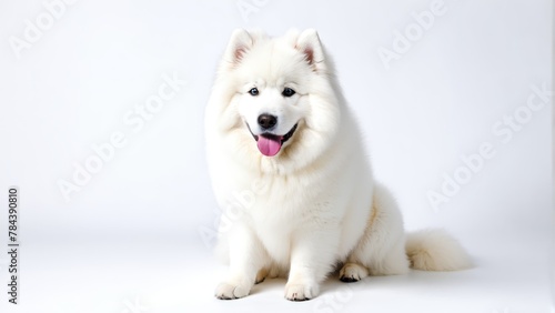  A tight shot of a dog against a white backdrop, tongue extended beyond its mouth