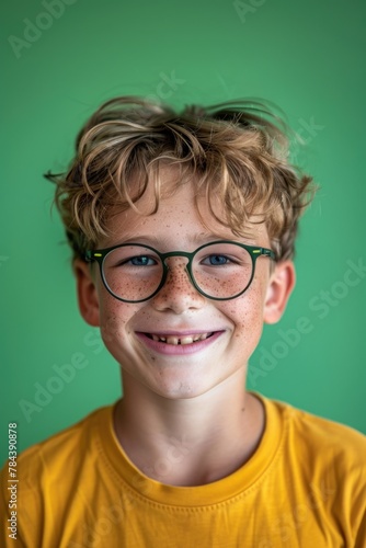 A young boy wearing glasses and a yellow shirt. Suitable for educational and lifestyle themes