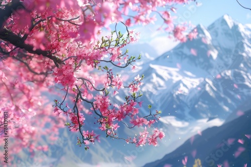 A picturesque view of a tree with pink flowers against a mountain backdrop. Perfect for nature-themed designs