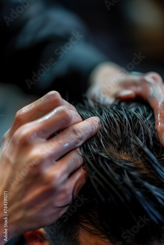 Close up of a person cutting a man's hair. Suitable for barber shops or beauty salons