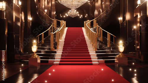 A red carpet leads up a grand staircase to a large chandelier.