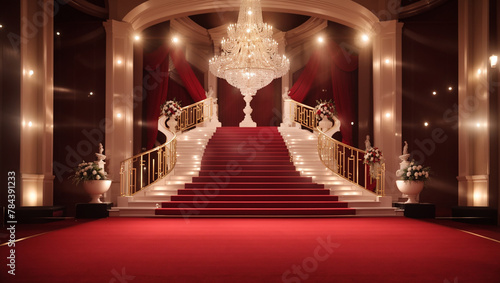 A red carpet leads up a grand staircase to a large chandelier.

