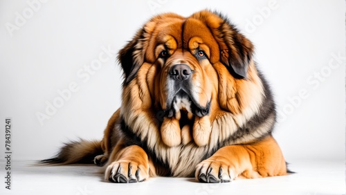   A large brown and black dog lies on a white floor  its head turned to the side