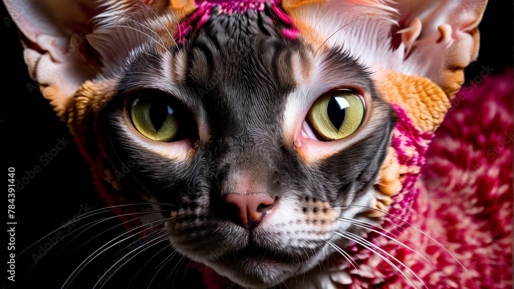 yellow eyes pierce, scarf pink and draped around its neck yellow eyes pierce, scarf pink and draped around its neck