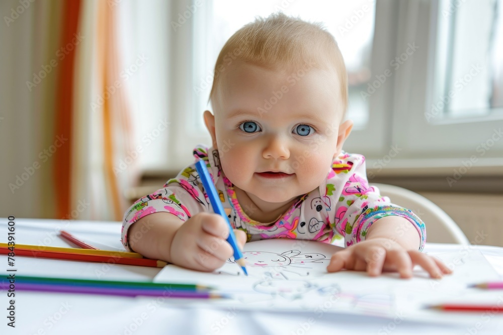 A baby sitting at a table drawing with colored pencils. Suitable for educational and childcare concepts A baby sitting at a table drawing with colored pencils. Suitable for educational and childcare concepts