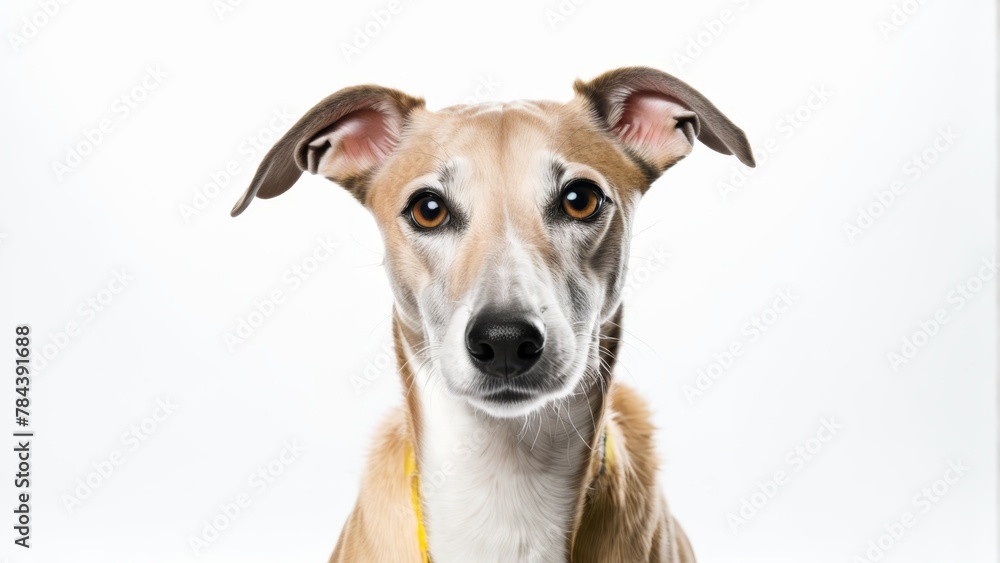   A tight shot of a poised dog wearing a collar, gazing intently into the camera