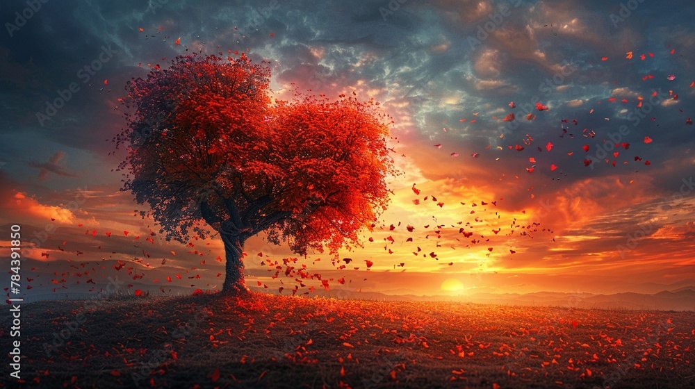 Romantic sunset, scarlet heart tree at center, autumn leaves drifting, sky painted in deep, passionate colors - obrazy, fototapety, plakaty 