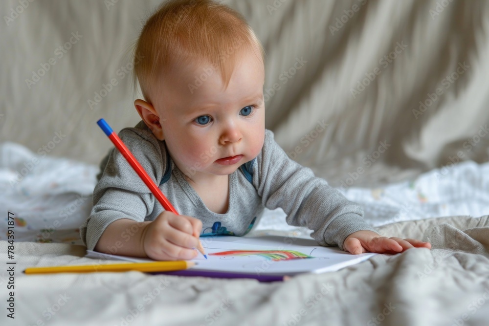 Infant laying on bed with stationery items. Suitable for educational concepts Infant laying on bed with stationery items. Suitable for educational concepts