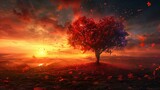 Romantic sunset, scarlet heart tree at center, autumn leaves drifting, sky painted in deep, passionate colors