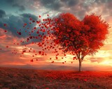 Heart tree bathed in sunset glow, scarlet leaves falling, tranquil setting in romantic tones