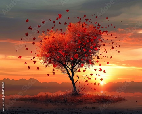 Heart tree bathed in sunset glow, scarlet leaves falling, tranquil setting in romantic tones