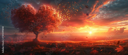 Enchanted sunset scene, heartshaped tree in scarlet, autumn leaves fluttering, warm, romantic colors