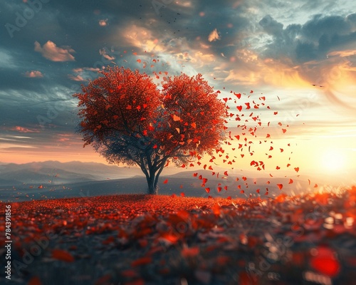 Scarlet heart tree under a romantic sunset, autumn foliage swirling, sky in soft romantic hues
