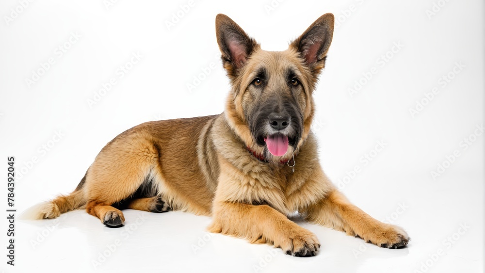   A tight shot of a dog reclining on a white background, its tongue extended and dangling