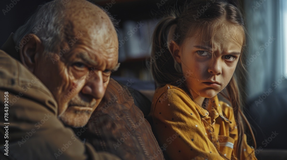 A little girl sitting next to an older man. Suitable for family and generations concept