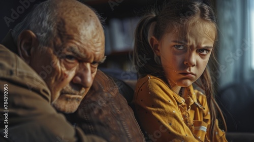 A little girl sitting next to an older man. Suitable for family and generations concept