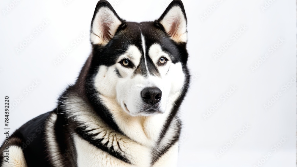   A husky dog, black and white, seated against a pristine white backdrop, gazes intently into the camera