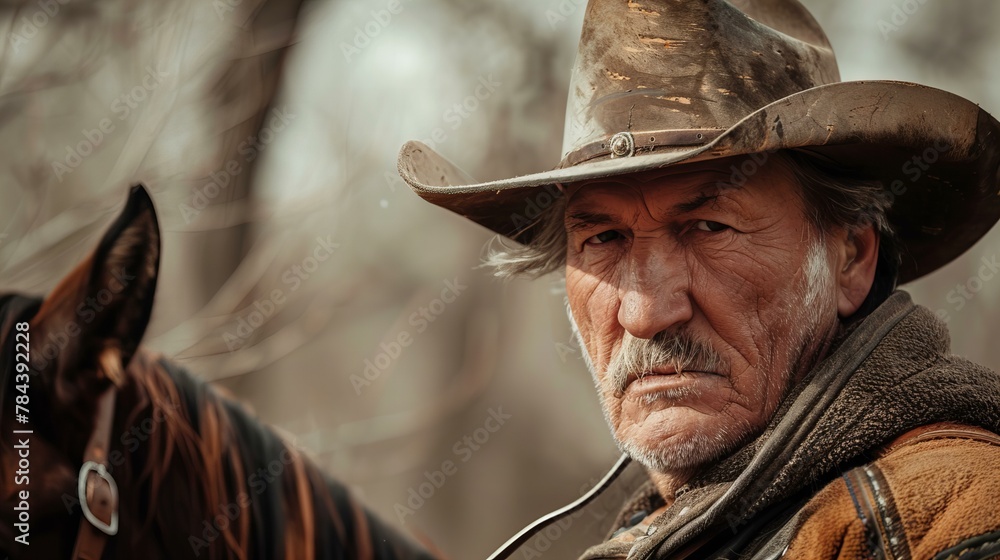 cowboy in hat and neckerchief, wrinkled, weather-beaten face; concept of wild west and western