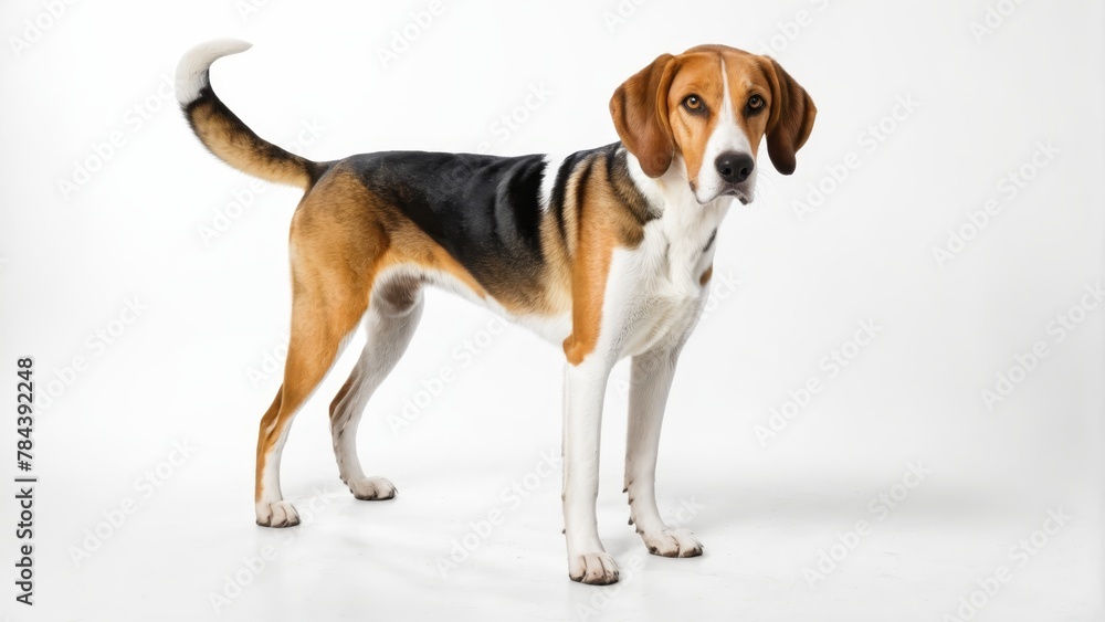   A brown and white dog with black markings stands profile-wise against a pristine white backdrop, gazing directly at the camera