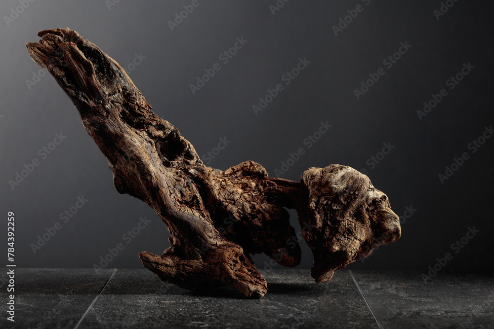 Old dry wooden snag on a black stone table. Old dry wooden snag on a black stone table.