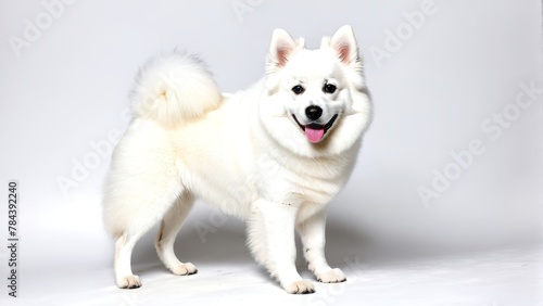  A white dog sticks out its tongue against a pure white backdrop