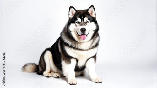   A husky dog in black and white  tongues out  sits before a white backdrop with an extended tongue