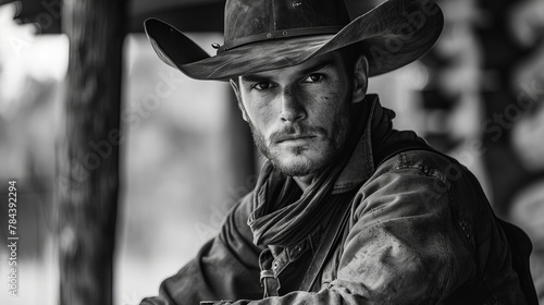 young handsome cowboy in hat, looking serious  concept of wild west and western © Christopher