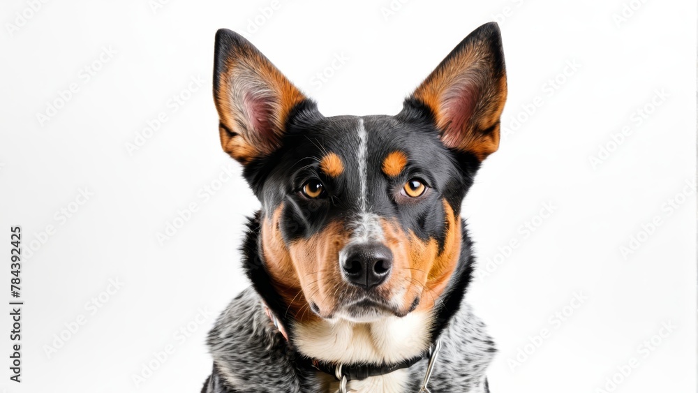 A tri-colored dog - black, brown, and white - wearing a collar gazes intently at the camera A tri-colored dog - black, brown, and white - wearing a collar gazes intently at the camera