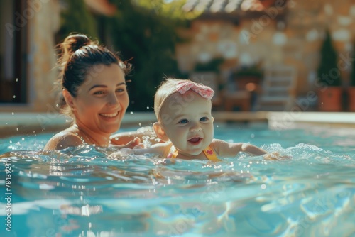 A woman holding a baby in a swimming pool. Perfect for family and leisure concepts © Fotograf