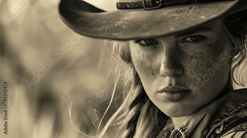young cowgirl in hat closeup, rancher posing in the country, concept of wild west and western