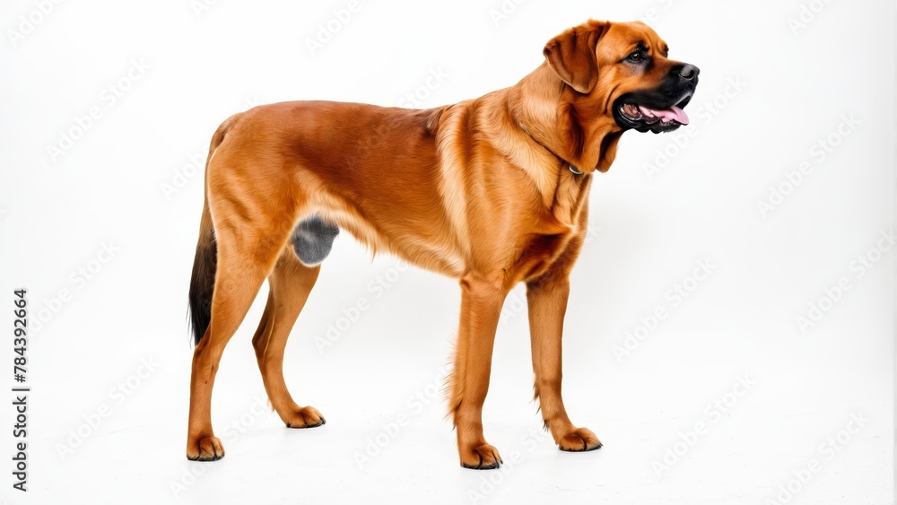 Obraz premium A large brown dog with tongue out and mouth open against a white backdrop
