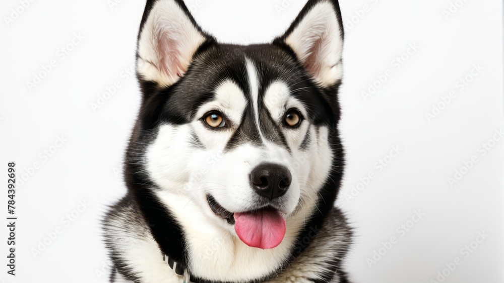   Close-up of a black-and-white dog with its tongue hanging out against a pure white background