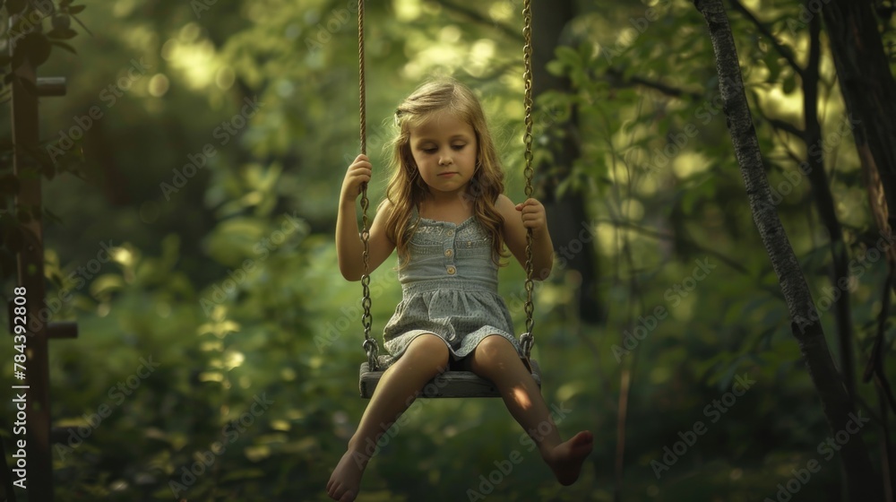 A little girl sitting on a swing in the woods. Ideal for nature-themed designs