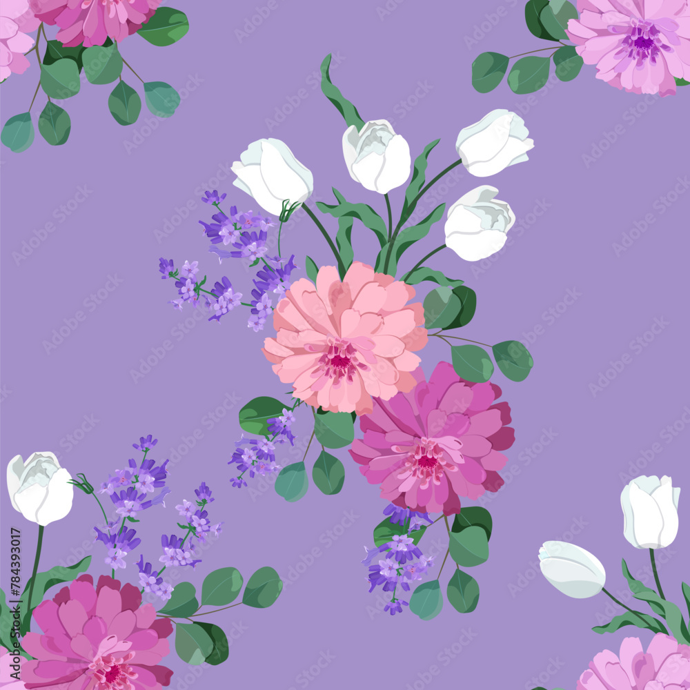 Seamless vector illustration with chrysanthemums, tulips and lavender Seamless vector illustration with chrysanthemums, tulips and lavender