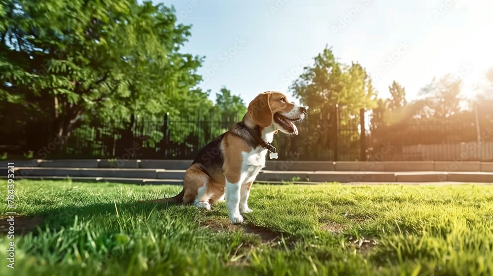 a dog is sitting in the grass with the sun shining on his face a dog is sitting in the grass with the sun shining on his face
