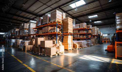 Vast Warehouse Interior: High Shelves, Forklifts, and Efficient Logistics in a Modern Distribution Center