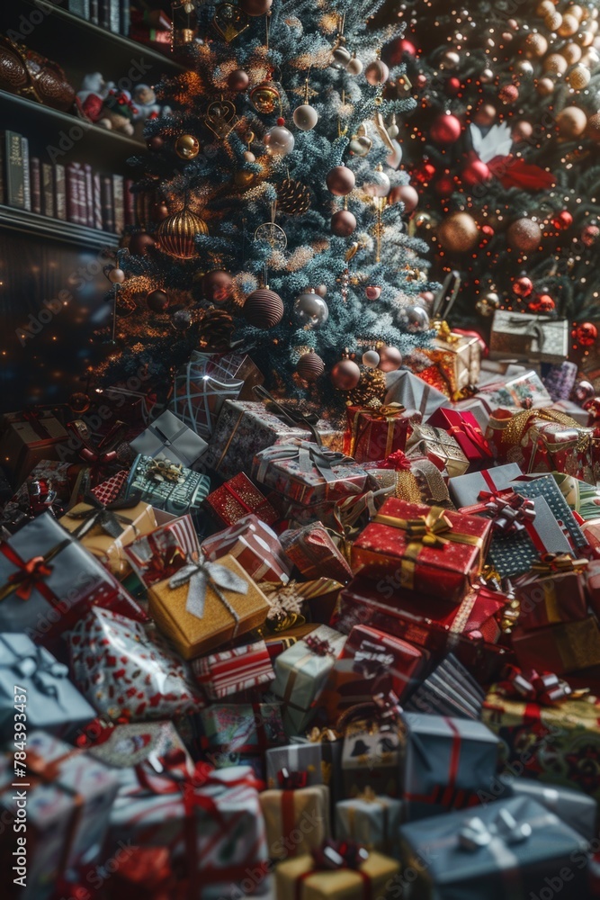 Festive pile of gifts under a decorated tree. Perfect for holiday concepts Festive pile of gifts under a decorated tree. Perfect for holiday concepts