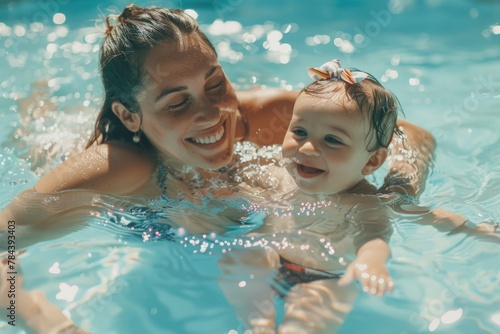 A woman and a child enjoying in a swimming pool. Suitable for family vacation concepts © Fotograf