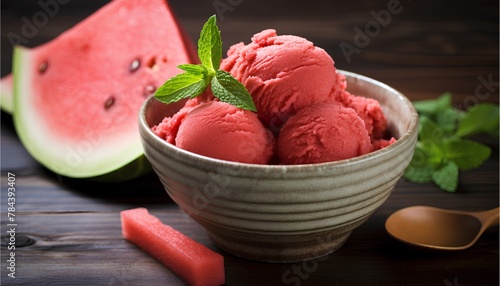 Fruity and refreshing watermelon sorbet ice cream, scoops in a cup on top with mint, cinematic food 