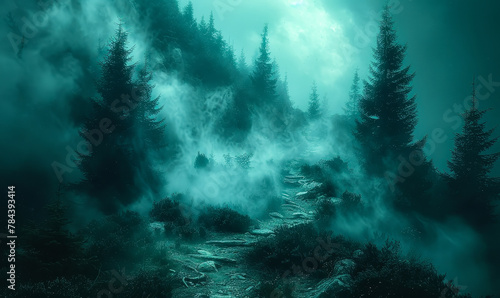 Eerie Mist Enshrouds Haunting Woodland Path at Nightfall © Bartek