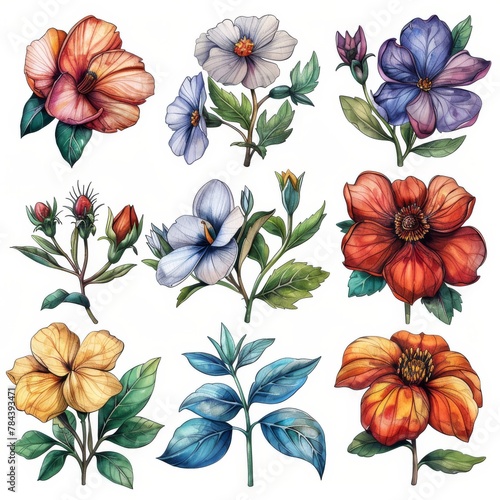 Illustrations of flowers and plants on a white background. These watercolor illustrations were painted by hand...