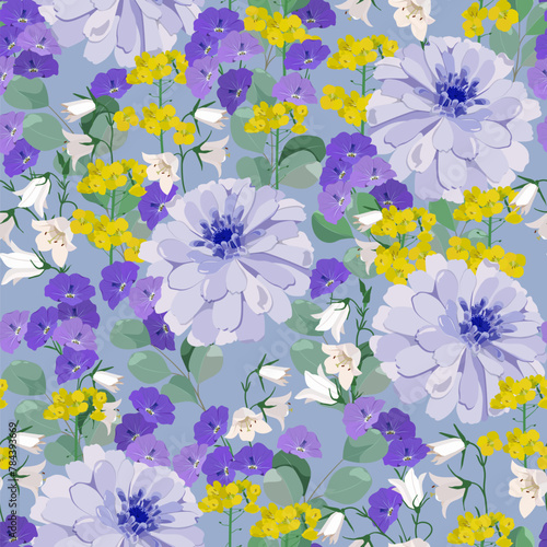Seamless vector illustration with chrysanthemums, campanula and eucalyptus