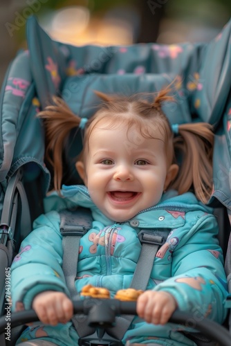 A cheerful little girl sitting in a stroller. Ideal for family and lifestyle concepts