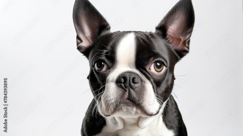   A sad-looking Boston Terrier puppy in black and white, gazing at the camera against a pristine white backdrop
